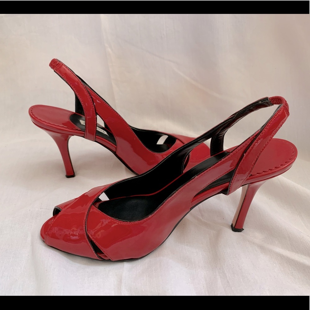 Red peep toe patent leather heels Sz8